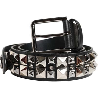 Dolce & Gabbana Zwarte Kalfsleren Riem met Studs en Zilveren Gesp