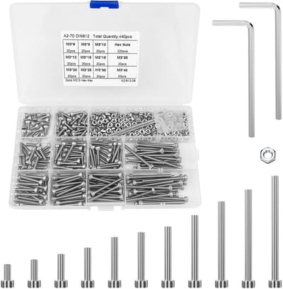 Roestvrij Stalen M3 Schroeven en Moeren Set (440 Stuks) Zonder Zeskantige Schroefdraad, Voor Meubels, Garage en Huis - Gemengd Staal Assortiment