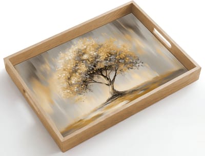 Dienblad hout 50x35 cm - Schootdienblad - Schilderij - Boom - Abstract - Bladeren - Borrelplank rechthoek - Plateau dienbladen