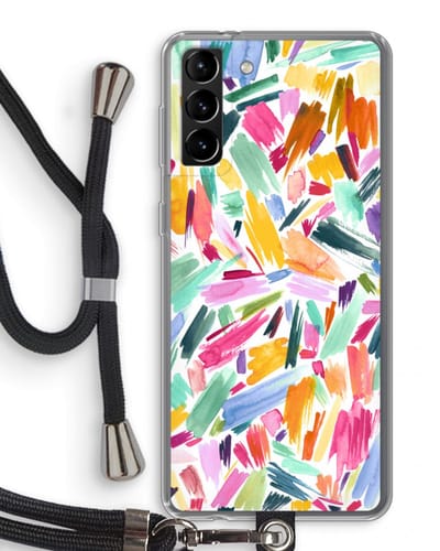 Hoesje met koord geschikt voor Samsung Galaxy S21 Plus hoesje met Koord - Watercolor Brushstrokes - Telefoonhoesje met Zwart Koord - Bescherming aan alle Kanten en Over de Schermrand