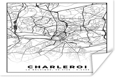 Poster Plattegrond – Charleroi – Zwart Wit – Stadskaart - Kaart - België - 180x120 cm XXL
