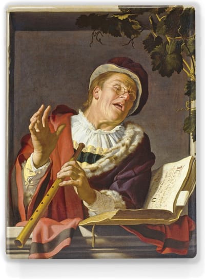 Zingende_fluitspeler - Gerard van Honthorst - 19,5 x 26 cm - Niet van echt te onderscheiden schilderijtje op hout - Mooier dan een print op canvas - Laqueprint.