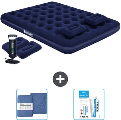 Bestway luchtbed - 2-Persoons - 152 x 203 x 22 cm - Blauw - Inclusief handpomp - kussens - Hoeslaken en Reparatieset