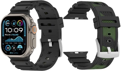 Stravo Siliconen Horlogebandje met Mechanisch Design – Geschikt voor Apple Watch 42mm (Series 1/2/3), 44mm (Series 4/5/6/SE), 45mm (Series 7/8/9), 46mm (Series 10/11) & 49mm (Ultra) – Tweekleurig Siliconen Bandje – Camouflage