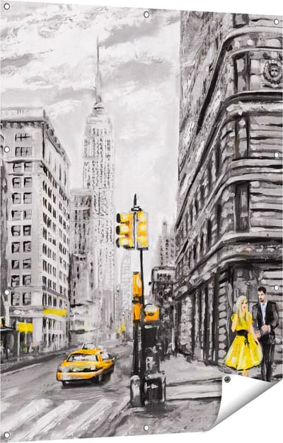 Gards Tuinposter Geschilderde New York Tekening - Zwart Wit - 90x120 cm - Tuindoek - Tuindecoratie - Wanddecoratie buiten - Tuinschilderij