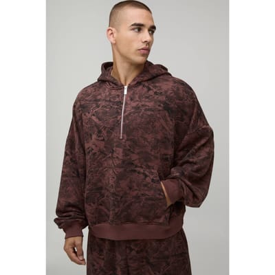 Oversized Batwing Camo Quarter Zip Through Hoodie | Chocolate | Size XS
