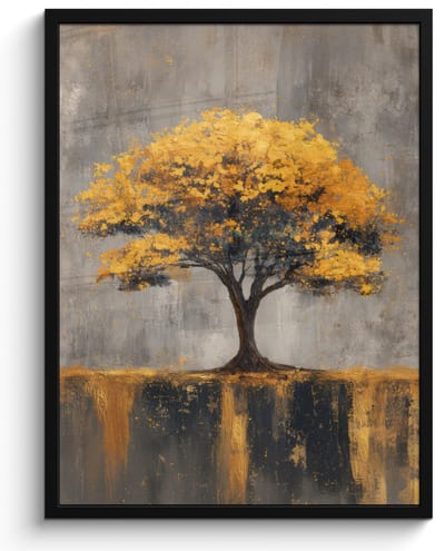 Poster in lijst - Fotolijst 60x80 cm - Posters - Boom - Bladeren - Goud - Abstract - Posterlijst zwart - Decoratie - Wanddecoratie woonkamer - Muurdecoratie slaapkamer