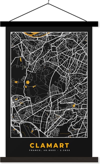 Posterhanger incl. Poster 40x60 cm - Schoolplaat - Frankrijk – Clamart – Stadskaart – Plattegrond – Kaart - Textielposter - Zwarte latten - Stadskaart
