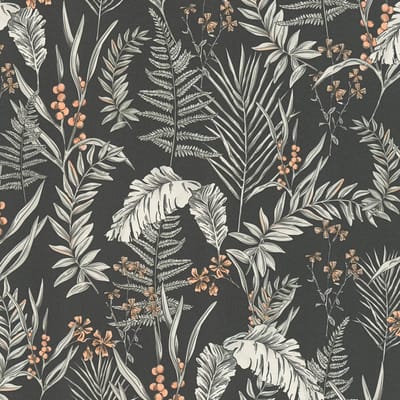 Bloemen behang Profhome 394341-GU vliesbehang hardvinyl warmdruk in reliëf licht gestructureerd met bloemmotief mat zwart wit oranje 5,33 m2
