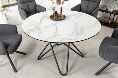 Extravagante eettafel ELLIPSE 120cm wit keramiek marmerlook ronde haarspeldpoten