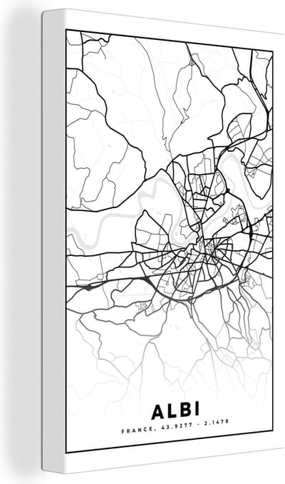 Canvas Schilderij Stadskaart - Frankrijk - Kaart - Plattegrond - Albi - Zwart wit - 20x30 cm - Wanddecoratie