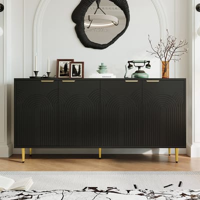 Pugsdrly Salon dressoir, 4-deurs ladekast Geborstelde gouden handgrepen en glanzende tafelpoten Ladekast, zwart, afmetingen 160×80×40 cm (B×H×D)