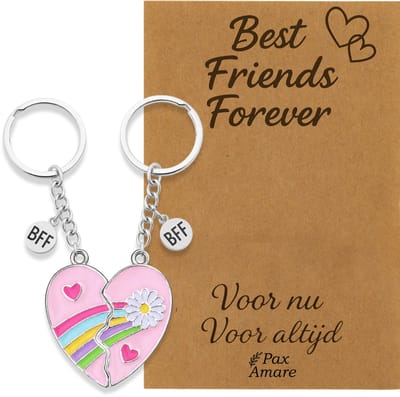 BFF Sleutelhanger voor 2 'Best Friends Forever' - Roze Hartje met Bloem - Sleutelhangers op Cadeau Kaartje - Zilverkleurig - Vriendschap Symbool - Pax Amare