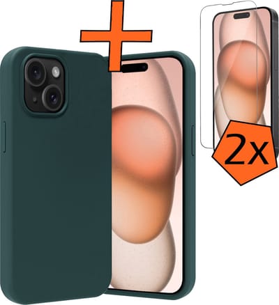 Hoes - Met 2x Screenprotector - Geschikt voor Apple iPhone 15 - Sterk & Shockproof - Back Cover - Siliconen Case - Telefoon Hoes - Donkergroen