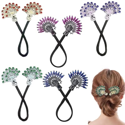 Haarknottool met pauwenmotief en kristallen - Elegante draaiknottechniek - geschikt voor lang haar - Snelle en gemakkelijke haarknottool voor dames en meisjes - Prachtige haarclips met strass-steentjes voor alle gelegenheden - 5 stuks