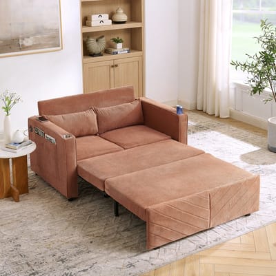 MIVRAY Slaapbank 134 x 195 x 73 cm - 3-in-1 2-Zits Met Uitschuifbaar Systeem En USB-Oplaadpoort - Voor Woonkamer En Logeerkamer - Hout En Stof Oranje