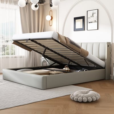 STILVORA Gestoffeerd bed 140x190 cm – Tweepersoonsbed Met Verstelbaar Hoofdeinde & USB-Type-C – Opbergruimte Onderbed – PU Bekleding – Grijs – Zonder matras