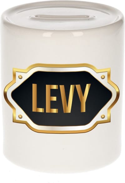 Spaarpot met voornaam Levy - wit - met goud/zwart embleem - 8 x 9 cm - keramiek - met afsluitdop - cadeau verjaardag