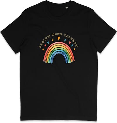 T Shirt Dames en Heren - Regenboog en Tekst: Follow Your Rainbow - Zwart - XS