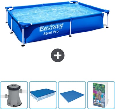 Bestway Rechthoekig Steel Pro Zwembad - 221 x 150 x 43 cm - Blauw - Inclusief Pomp - Afdekzeil - Grondzeil - Zwembadgids