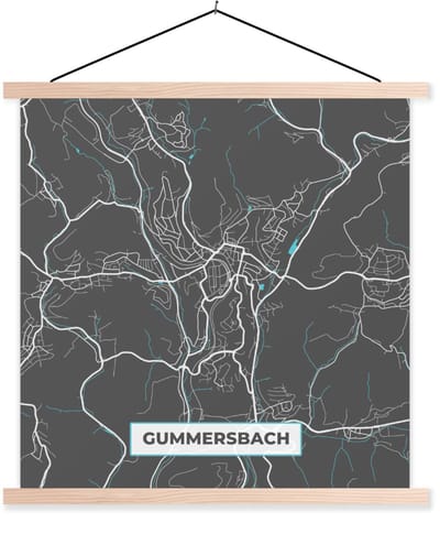 Posterhanger incl. Poster 120x120 cm - Schoolplaat - Duitsland – Blauw – Gummersbach – Stadskaart – Kaart – Plattegrond - Textielposter - Blanke latten - Stadskaart