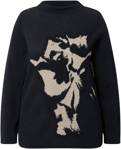 Ulla Popken - Dames - Trui bloemen glitter opstaande kraag lange mouwen - Zwart - Maat 42+