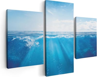 Artaza Canvas Schilderij Drieluik Helder Blauwe Zee Onder Water - 90x60 cm - Wanddecoratie Woonkamer - Schilderijen - Muurdecoratie