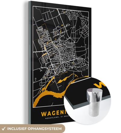 MuchoWow® Glasschilderij 40x60 cm - Schilderij acrylglas - Plattegrond - Wageningen - Goud - Zwart - Foto op glas - Schilderijen - Stadskaart