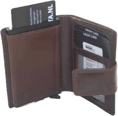 OI LUXE donker bruine complete portemonnee met figuretta Cardprotector / compacte leren beurs met metalen pasjeshouder afsluitbaar / anti skim kastje in portemonnee / glad bruin leer / 106Brown CRUNCH