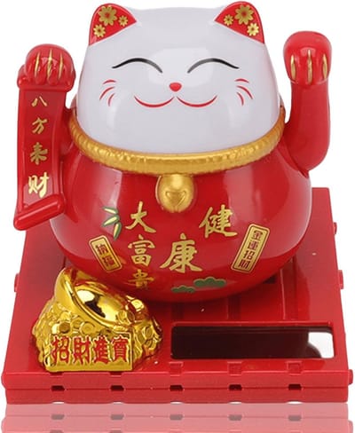 2pcs Solar Powered Cute Waving Cat - Kleine Solar Waving Cat - Japanse Maneki Neko - Schattige Rode Wakkere Kat - Solar Fortune Cat Beelddecoraties - Fengshui Gelukkige Kat met Swingende Arm voor Tuin en Interieur