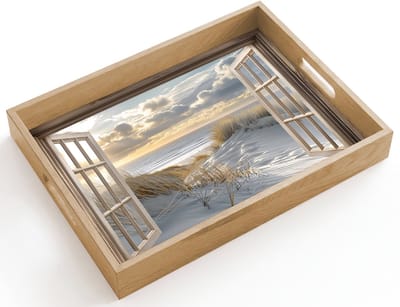 Dienblad hout 40x30 cm - Schootdienblad - Doorkijk - Strand - Duinen - Zee - Natuur - Borrelplank rechthoek - Plateau dienbladen