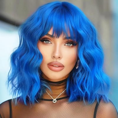 Korte Blauwe Krullende Pruik voor Dames met Pony, Natuurlijke Synthetische Haarstijl voor Feest en Cosplay, 35 cm Lang