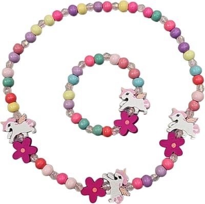 Fako Bijoux® - Kinderketting en Armband - Hout - Eenhoorn & Bloemetjes Fuchsia