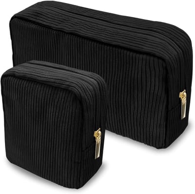 SnelShoppen - 2 Stuks Kleine Corduroy Makeup Tasjes Vrouwen - Portable Cosmetica Organizer Reistassen - Zwart - Ideaal voor Reizen, Werk en Dagelijks