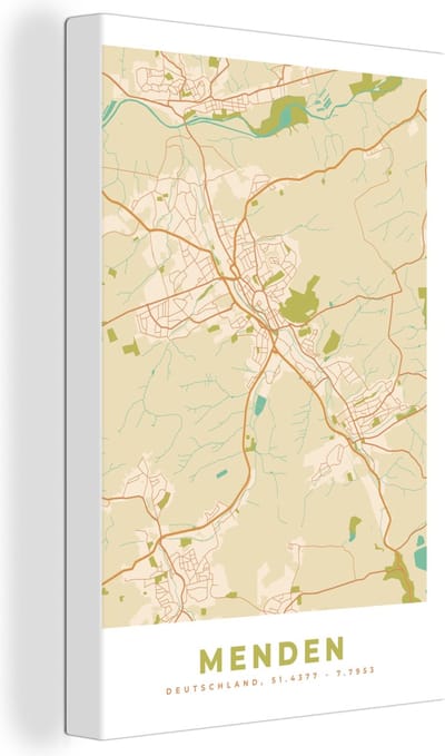 Canvas Schilderij Menden - Kaart - Vintage - Plattegrond - Stadskaart - 20x30 cm - Wanddecoratie