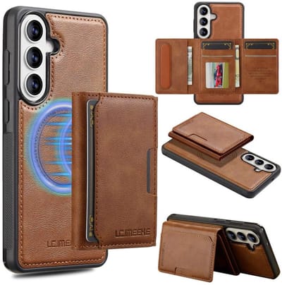 Telefoonhoesje geschikt voor de Samsung Galaxy A57 5G - Silicone TPU en kunst leer - bruin back cover hoesje case met pasjeshouder - 4 pasjes afneembaar - MagSafe functie - L5