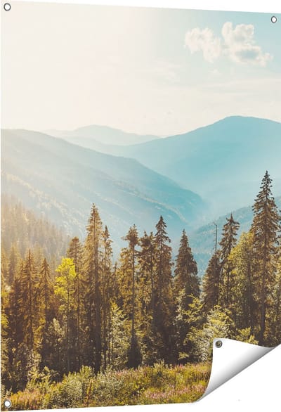 Gards Tuinposter Bos met Bomen in de Hoge Bergen - 80x100 cm - Tuindoek - Tuindecoratie - Wanddecoratie buiten - Tuinschilderij