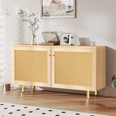 Pugsdrly Dressoir van riet, opbergkast met dubbele deuren, rustiek dressoir voor de eetkamer. Natuurhoutlook - H63/B120T40 cm