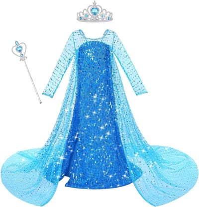 Meisjes Prinsessenjurk met Magische Toverstaf en Kroon - Lange Mouwen Kostuum voor Feestdagen, Verjaardagen en Cosplay