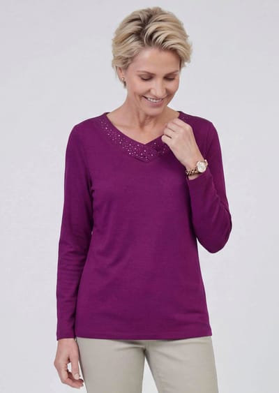 Shirt met lange mouwen en glinsterende V-hals - bessen - Gr. 19 van Goldner Fashion