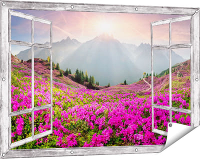Gards Tuinposter Doorkijk Rhododendron Bloemenveld in de Alpen - 120x80 cm - Tuindoek - Tuindecoratie - Wanddecoratie buiten - Tuinschilderij