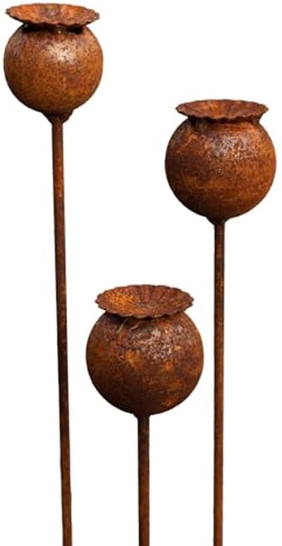 Set van 3 metalen tuinstekers met zonnehoed en patina voor tuindecoratie
