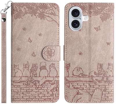 BookCover Hoes Etui geschikt voor Apple iPhone 17 Grijs - Katten op muurtje - Reliëf