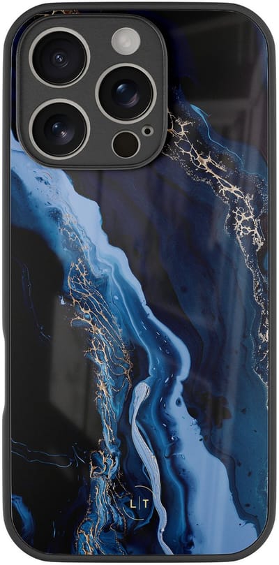 Hoesje geschikt voor iPhone 16 Pro - Marmer lagoon blauw - Luxe Glazen Hardcase - Marmer - Blauw - Leuke Telefoonhoesjes