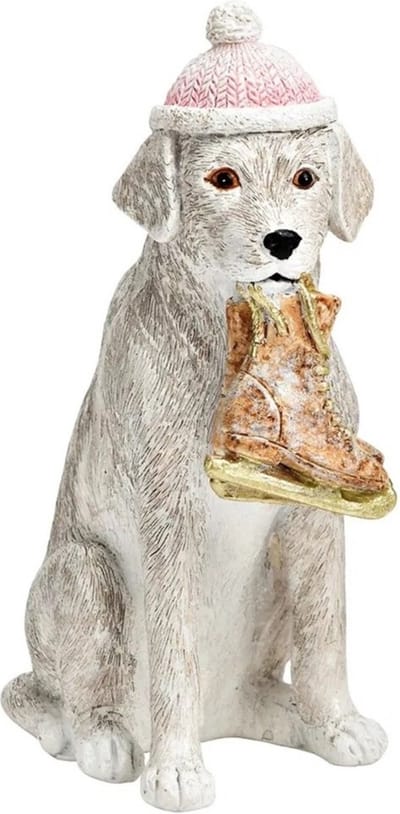 Beeldje winterhond met schaats in de bek 15cm hoog