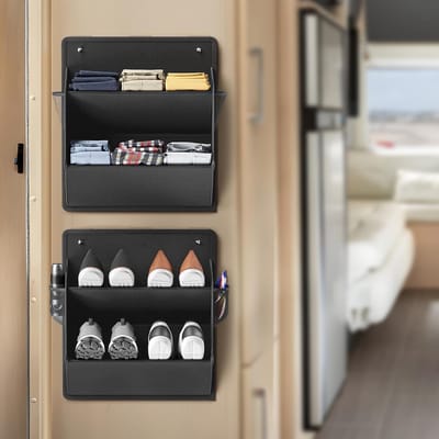 GELLDG Schoenrekken geschikt voor camper - Set van 2 - Met plakband - Kan aan de deuren van de camper worden gehangen - Voorzien van grote, diepe vakken - Slank - Ruimtebesparend - RV-accessoires - Accessoires voor campervans - Zwart