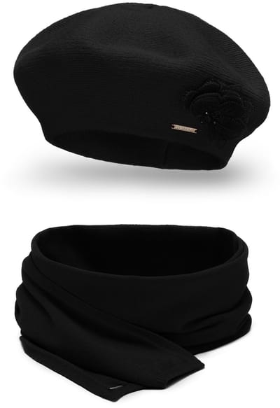 Vivisence Dames Baret En Sjaal Winterset - Wolmix Met Bloemenapplicatie Op De Baret En Decoratieve Steek Op De Sjaal Voor Een Verzorgde Uitstraling - Zacht En Warm Voor Comfort Tijdens Koude Winterdagen En Geschikt Voor Diverse Stylings - Zwart