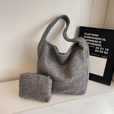 Nieuwe Trendy Herfst en Winter Koreaanse Effen Kleur Harige Grote Capaciteit Tote Tas gray