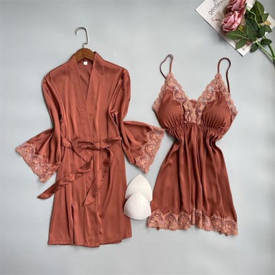 Dames 2-delige badjas set Nachthemd Borduurkant Bruiloft Badjas Jurk Sexy Satijn Nachtkleding Zomer Huiskleding Nachtjurk Lingerie L brown