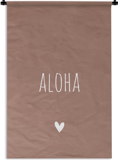 Wandkleed - Wanddoek - Engelse quote "Aloha" met een hartje op een bruine achtergrond - 60x90 cm - Wandtapijt